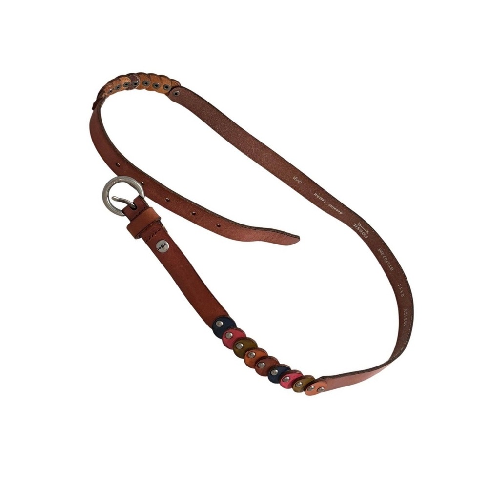 Fossil Genuine Leather Brown Skinny Boho Belt Multi Color Studded L